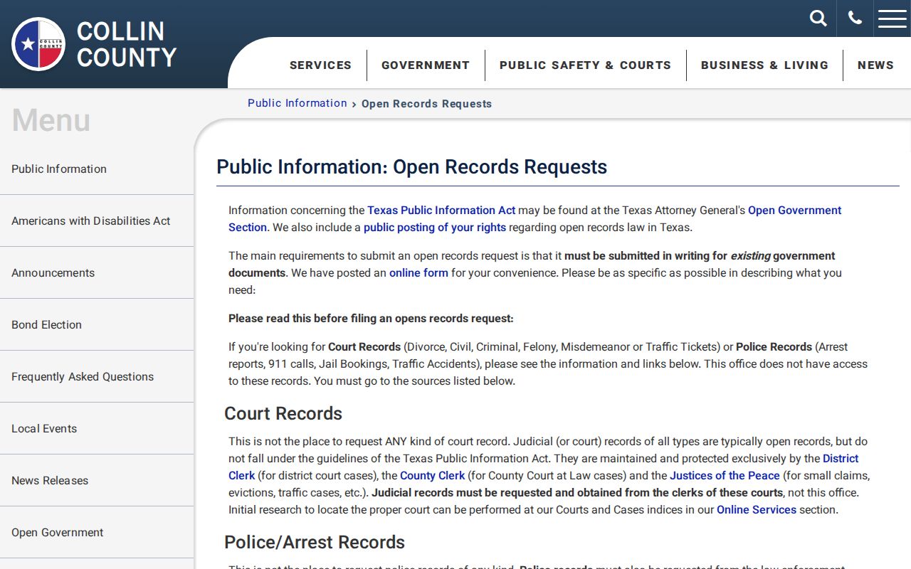 Collin County warrant record request form route