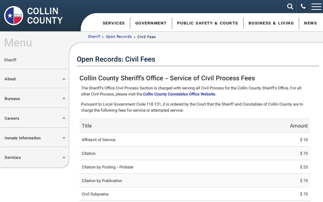 Collin County warrant and sheriff records request fee information