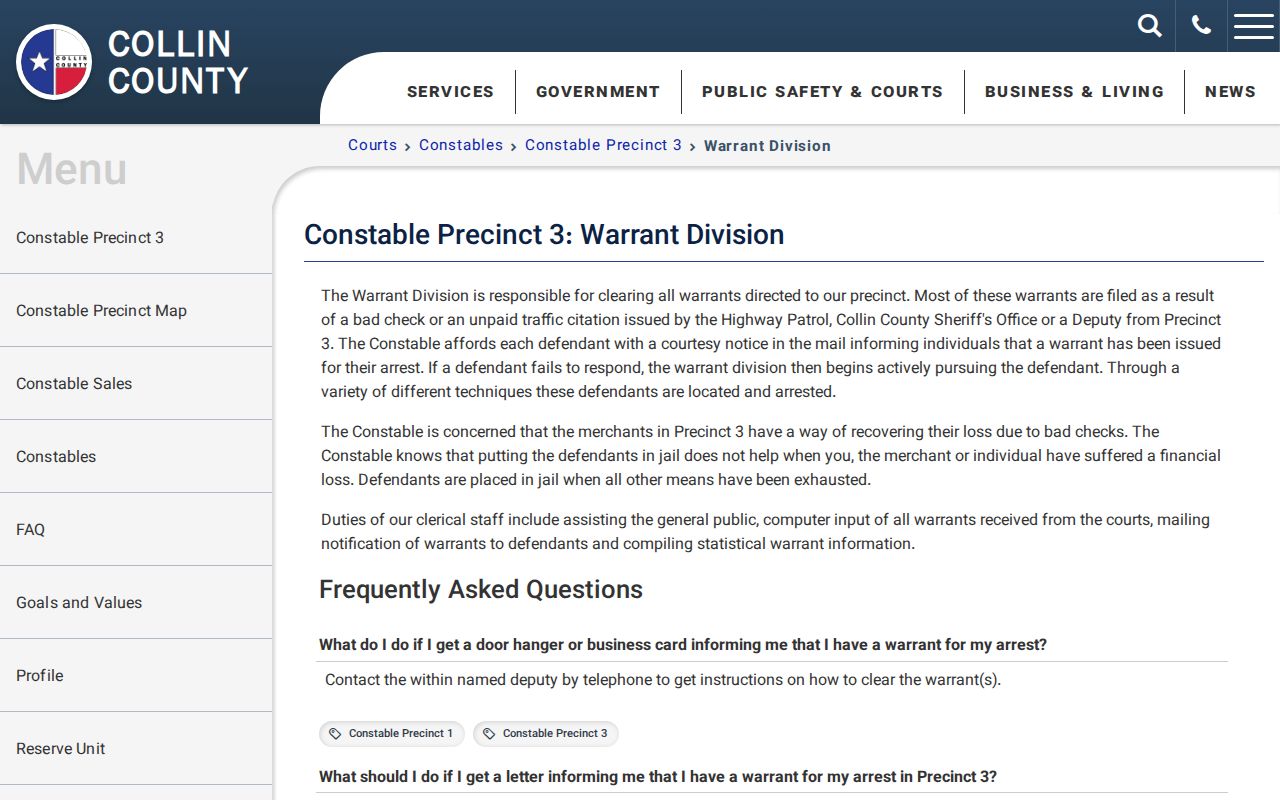 Collin County bench warrant notices and constable service process