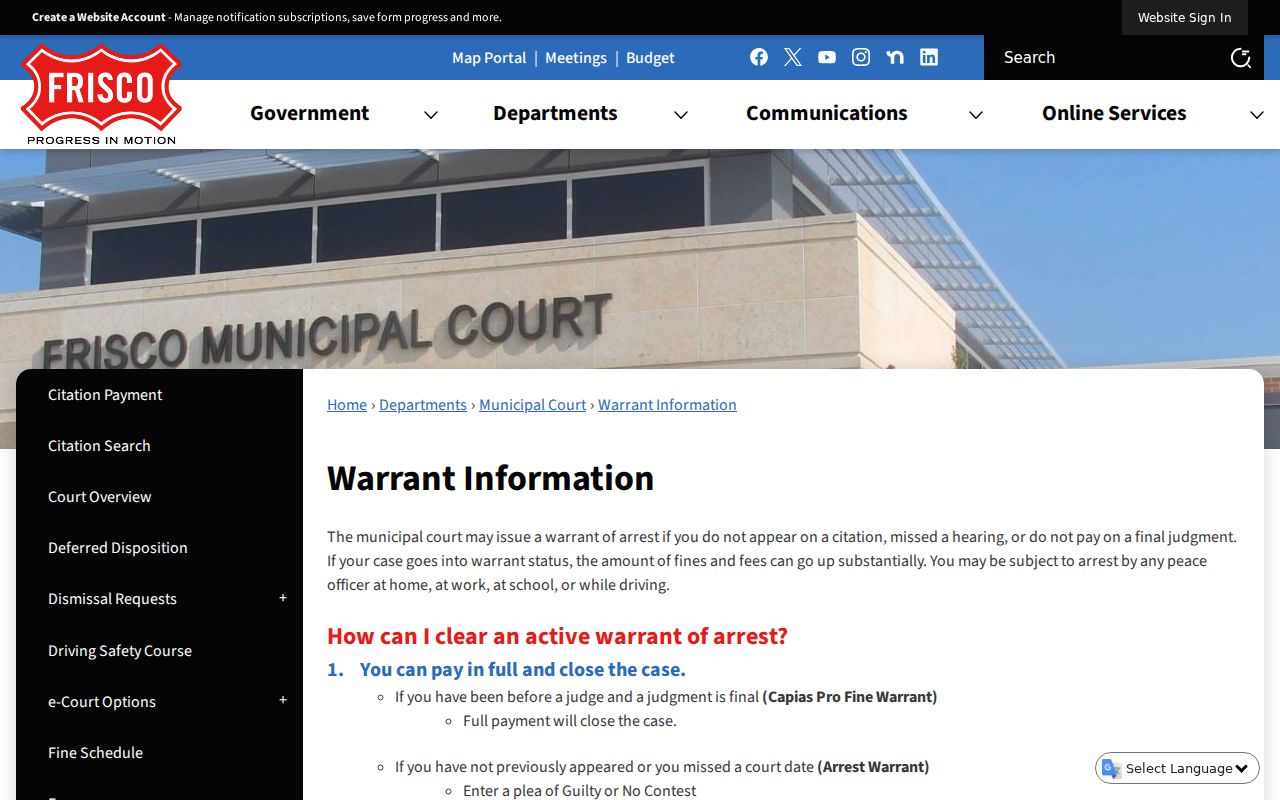 Frisco warrant types and municipal court Safe Harbor route