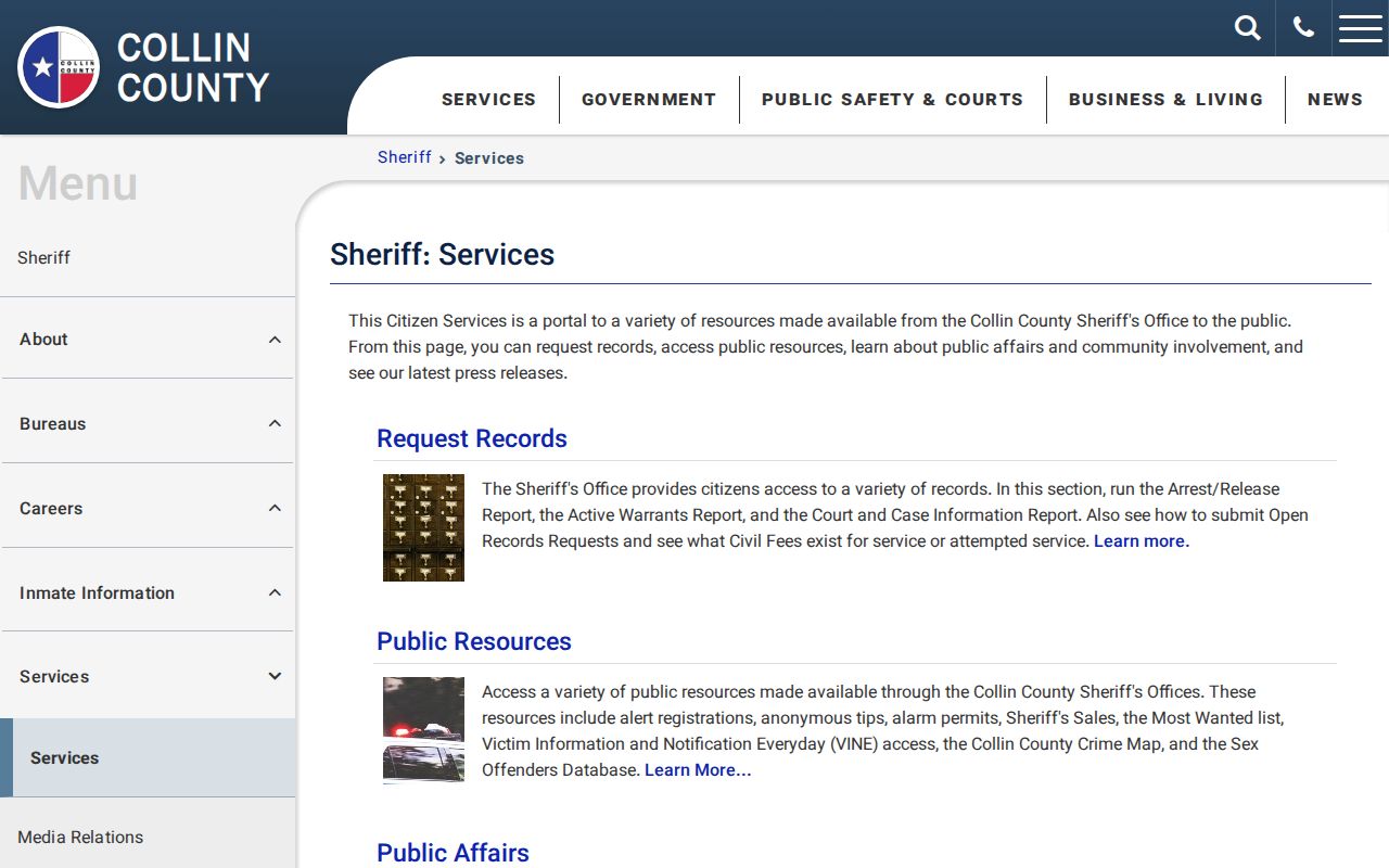 Collin County warrant program and sheriff services navigation