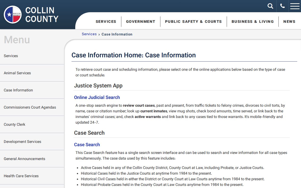 Collin County warrant case search update information